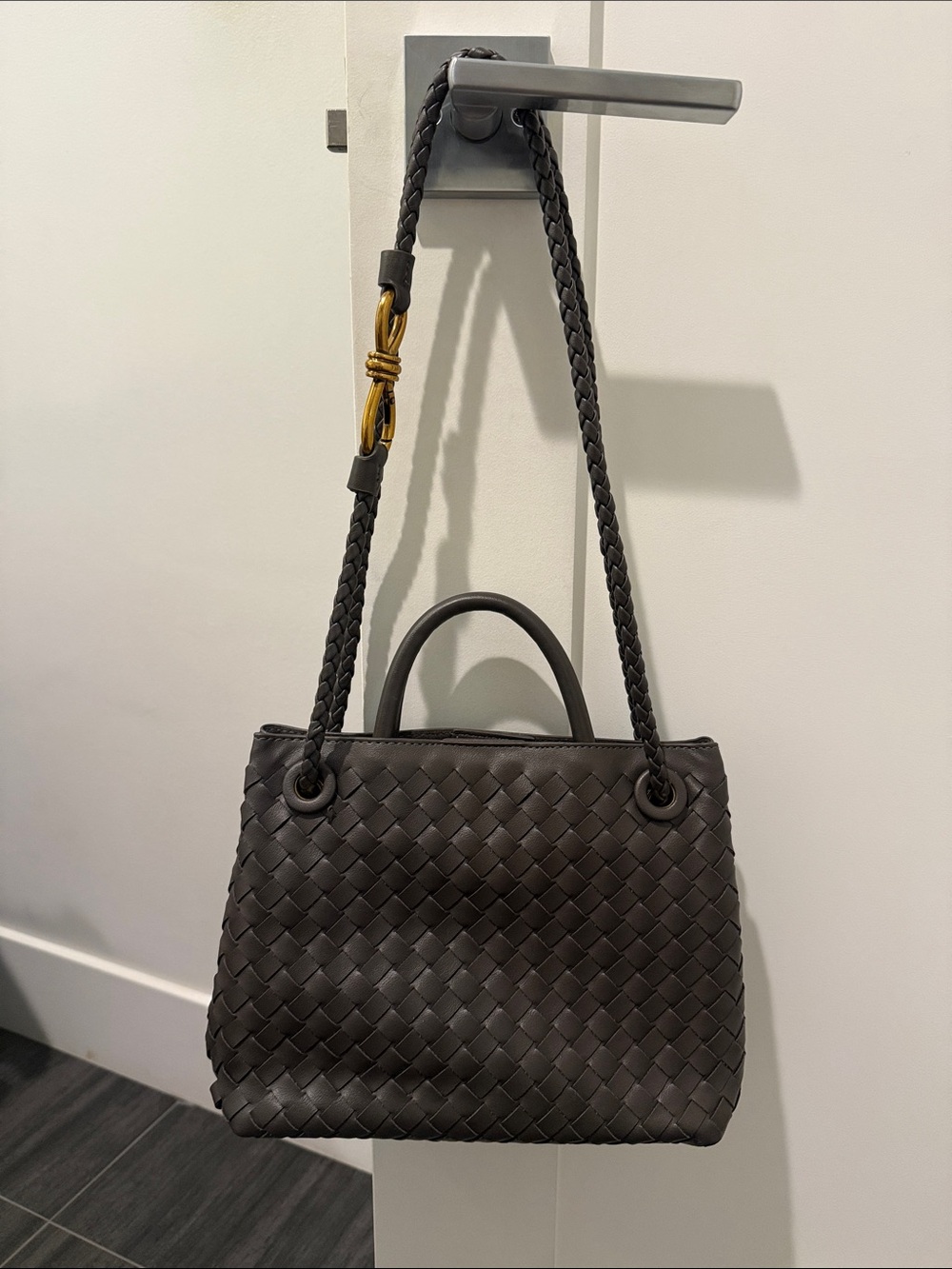 Woven Faux Leather Shoulder Bag in Dark Grey Magnetic Closure